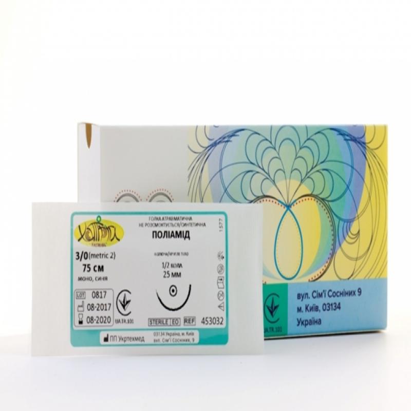 Голка атравматична, USP3/0 (М2), 26 мм, 3/8, звичайна ріжуча, трикутне тіло, одноголкова, ПОЛІАМІД, монофіламентна, синя, 90 см